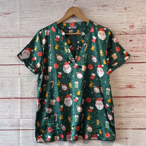 Ekouaer Satin Pajama Set in Green Santa Christmas Print Sz M - Picture 3 of 12